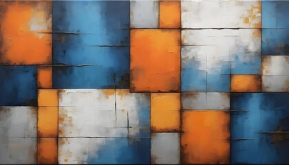 Abstract background features a dynamic arrangement of blue, orange, and white geometric shapes, creating a harmonious yet energetic composition