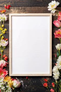 Blank picture frame surrounded by colorful flowers on wood. Generative AI image