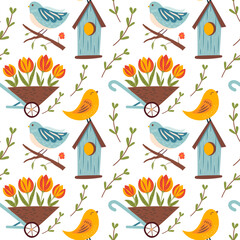 Seamless vector pattern with cute birds and birdhouse and spring flowers in garden trolley. Colorful floral illustration on white background.