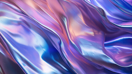 Fond texturé comme un drap satiné, de soie. Matière métallique, irisée. Couleurs dégradés rose, violet et bleu. Argenté, holographique. Fond pour conception et création graphique.	