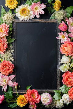 Floral frame with space for text on a dark background. Generative AI image