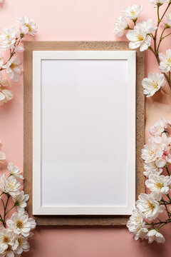 Blank picture frame with cherry blossoms on pink background. Generative AI image