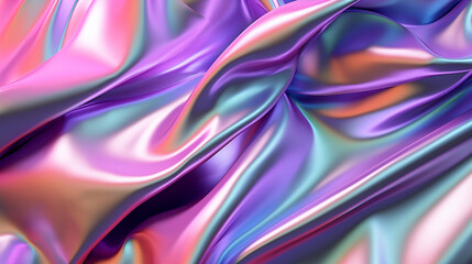 Obraz premium Fond texturé comme un drap satiné, de soie. Matière métallique, irisée. Couleurs dégradés rose, violet et bleu. Argenté, holographique. Fond pour conception et création graphique. 
