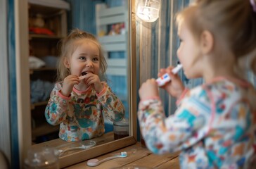 Little girl brushing teeth at mirror