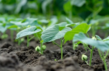 Young cotton plants in soil