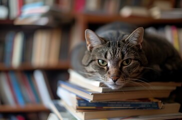 Tabby cat lies on a book