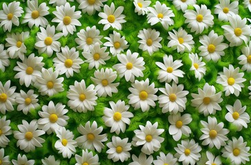 Artificial daisies on green grass