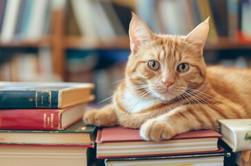 Ginger cat lounging on books