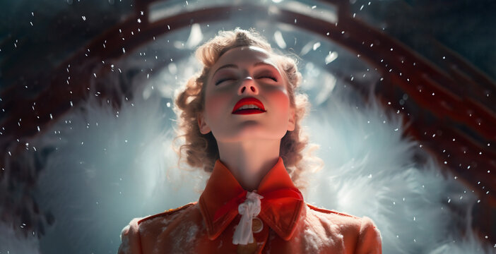 Portrait of a blonde woman under the snow, Generative AI