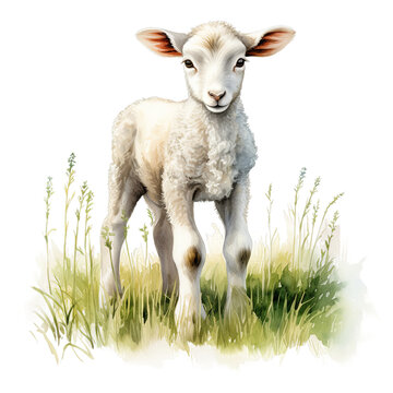 recommend clip art: A lamb standing in a meadow watercolor clipart illustration on transparent background