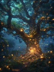 Obraz premium Tree With Fireflies Flying Around It