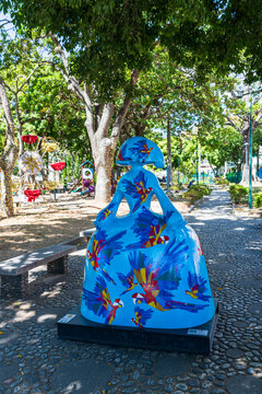 Caracas, Venezuela, 01.28.2024: urban art in the municipality of Chacao dedicated  to the Meninas collection by the artist Antonio Azzato (n. 16 Plaza Las Morochas, statue title: Guacamayas).