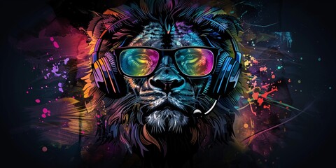 Rainbow Lion with Headphones A Colorful and Trendy Image for Adobe Stock Generative AI