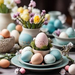 Fototapeta na wymiar Easter table setting, easter eggs and flowers decoration, closeup view