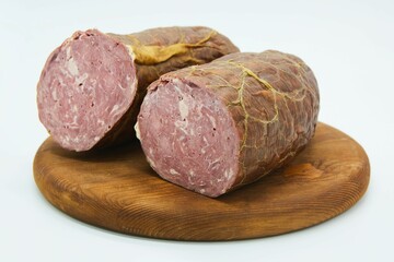 Meat dish ham or bacon on a wooden board. The product is ready to use. White background.