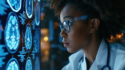 Medical Science Hospital: Confident Black Female Neurologist, Neuroscientist, Neurosurgeon, Looks at TV Screen with MRI Scan with Brain Images, Thinks about Sick Patient Treatment Method. - obrazy, fototapety, plakaty