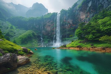 Waterfall in the Middle of a Lake Surrounded by Mountains