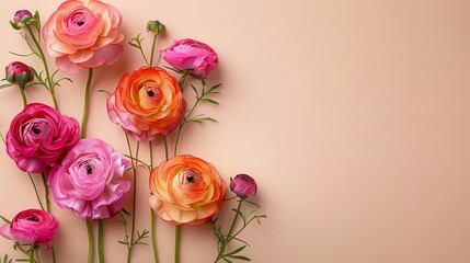 Vivid orange and pink ranunculus over an earthy beige backdrop and space, Generative AI. - obrazy, fototapety, plakaty