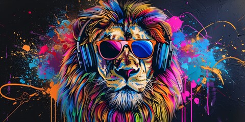 Lion in Sunglasses and Headphones A Pop Art Blend of Music and Animal Kingdom Generative AI