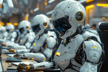 Fototapeta premium Multiple robots are seated in a row in front of a laptop computer, actively interacting with the device