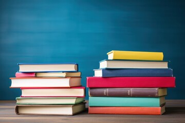 group of colorful books on the wooden table 