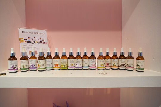 HONG KONG, CHINA - DECEMBER 04, 2023: fragrance oils displayed inside Floroma store in New Town Plaza shopping mall. Floroma is a perfume brand in Hong Kong.