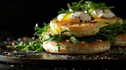 Warm English muffin with cheese, fresh arugula, and creamy hummus on top with a big space for text or product, Generative AI. - obrazy, fototapety, plakaty