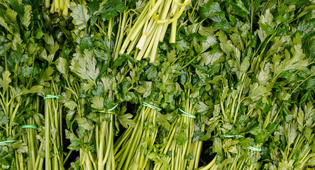 Parsley leaves on the market. Fresh parsley.