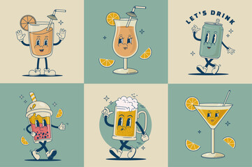 Set of retro cartoon funny drink characters vector illustration. Beverage mascot collection. Vintage beer, juice, coffee, can, alcohol coctail, soda, smoothie. © Nadezhda Mih