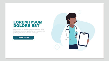 Vektor-Illustration einer weiblichen Ärztin mit einem Stethoskop, die eine Krankenakte hält - Gesundheitskonzept