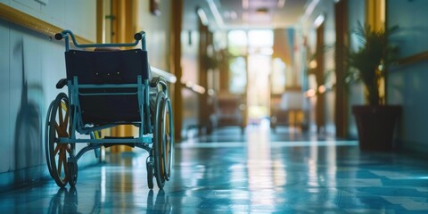 closeup of wheel chair at hospital with copy space background  - obrazy, fototapety, plakaty