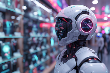 Fototapeta premium A robot is positioned in front of a transparent glass wall in a futuristic retail environment