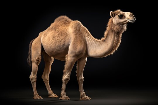 a camel standing in front of a black background