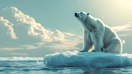 A polar bear sits atop an ice floe in a blue, cloud-filled sky. The sun shines brightly on the water below. - obrazy, fototapety, plakaty