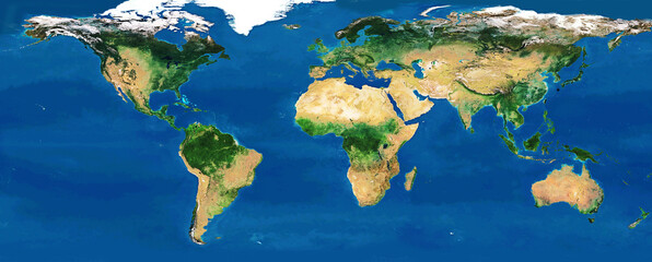 High resolution satellite image of Earth. Panoramic planet map with texture surface. World map, Earth flat view on white background or Detailed global world physical map illustration.