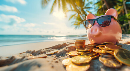 Pink piggy bank with sunglasses relaxing on a beach in summer next to gold coins, vacation budget, holiday savings, investment success, banking wealth, income and profit in finance - obrazy, fototapety, plakaty