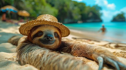 a funny lazy sloth with a straw hat on a tropical beach, a sloth laying on the ground, a sloth in paradise, a relaxed sloth, a cute sloth - obrazy, fototapety, plakaty