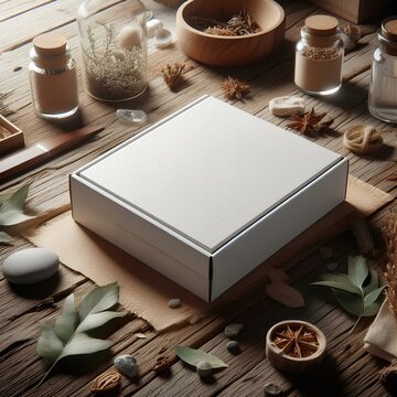 white packaging mockup on table with leaves, creative box packaging. Paper box mockup. Generated AI. 