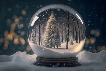 Fototapeta na wymiar Crystal ball, snowball with snowy Christmas tree inside, falling snow. Realistic winter forest in a transparent glass ball. Festive Card. Generative AI