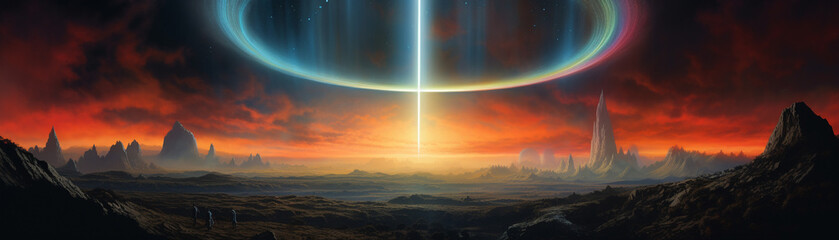 Interstellar travelers witness a magnificent fire rainbow on an alien planet, with two suns setting on the horizon