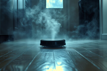 Smoke billowing out from the floor of a room, creating a mysterious and potentially dangerous atmosphere, vacuum robot cleaning the dust on the floor - obrazy, fototapety, plakaty