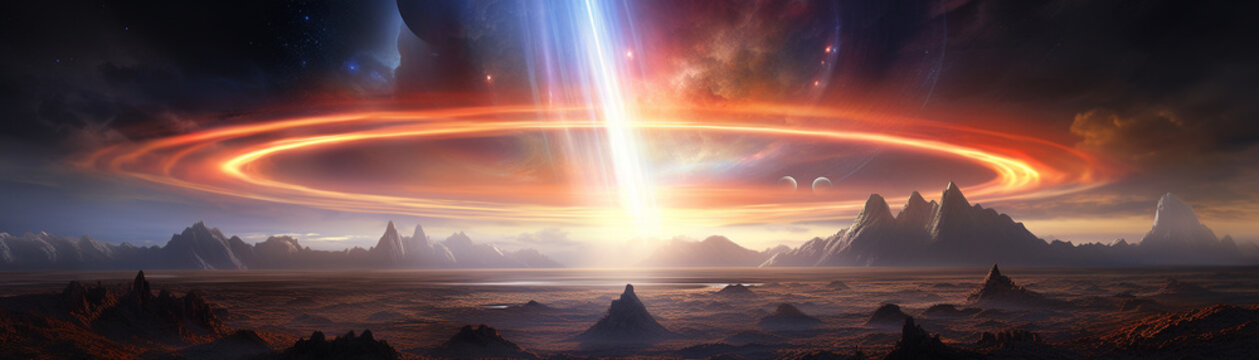 Interstellar travelers witness a magnificent fire rainbow on an alien planet, with two suns setting on the horizon