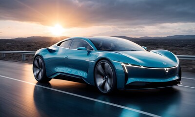 Fototapeta na wymiar The image captures a teal electric coupe cruising against a dramatic sunset backdrop, highlighting the car's sleek form and sustainable power. The serene scene emphasizes the vehicle's harmonious