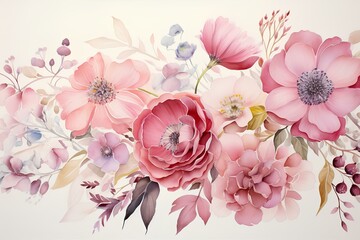 A close-up view of watercolor flowers in varying shades of pink, elegantly arranged to form a captivating and timeless floral masterpiece.