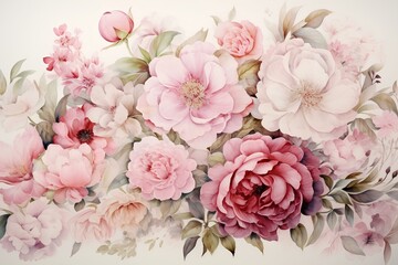 A close-up view of watercolor flowers in varying shades of pink, elegantly arranged to form a captivating and timeless floral masterpiece.