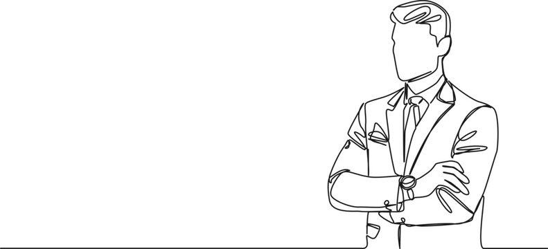 recommend clip art: continuous single line drawing of businessman with crossed arms, line art vector illustration