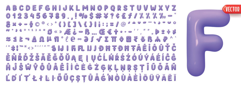 Fonts Complete set alphabetic letters and symbols and signs, numbers. Big collection of creative Font realistic 3d design plastic balloons style. Language support French, German. Vector illustration