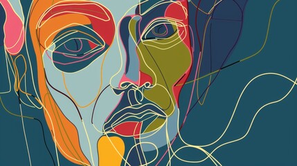 Abstract continuous line art of a human face with a dynamic overlay of vibrant colors against a teal background, offering a modern artistic aesthetic.