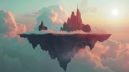 Fantasy concept art depicting a majestic floating island with a castle, surrounded by soft sunset clouds and a warm, glowing sun. - obrazy, fototapety, plakaty
