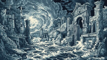 This artwork captures a dramatic scene of ancient ruins submerged in water, depicted in monochromatic tones, highlighting the power of nature over civilization.